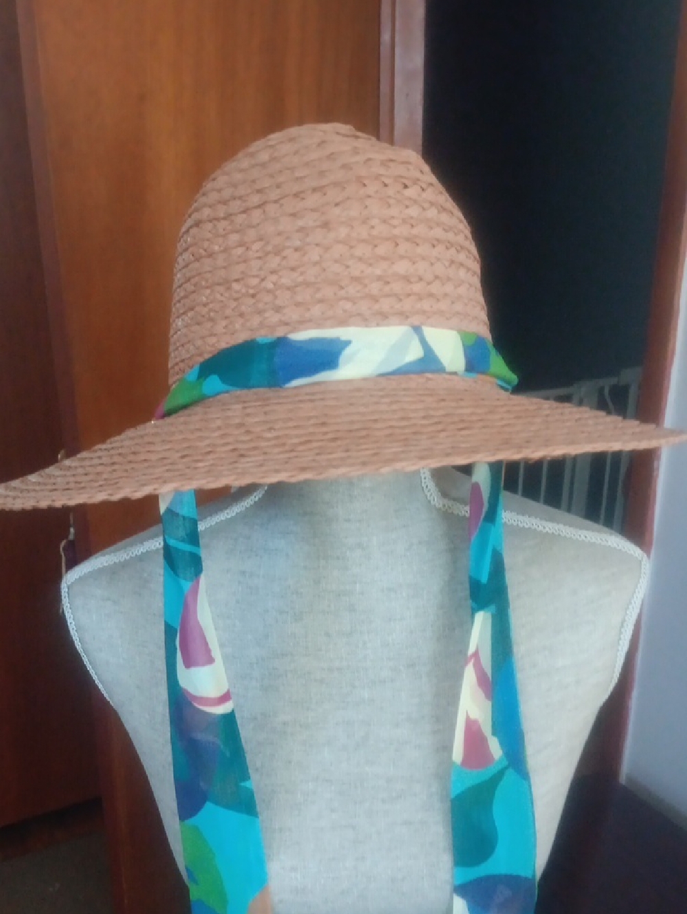 Woven Straw Sun Hat with Blue Multicolor Scarf Trim